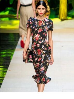 NWOT Dolce & Gabbana Black Floral Midi Dress with Ruffle Hem